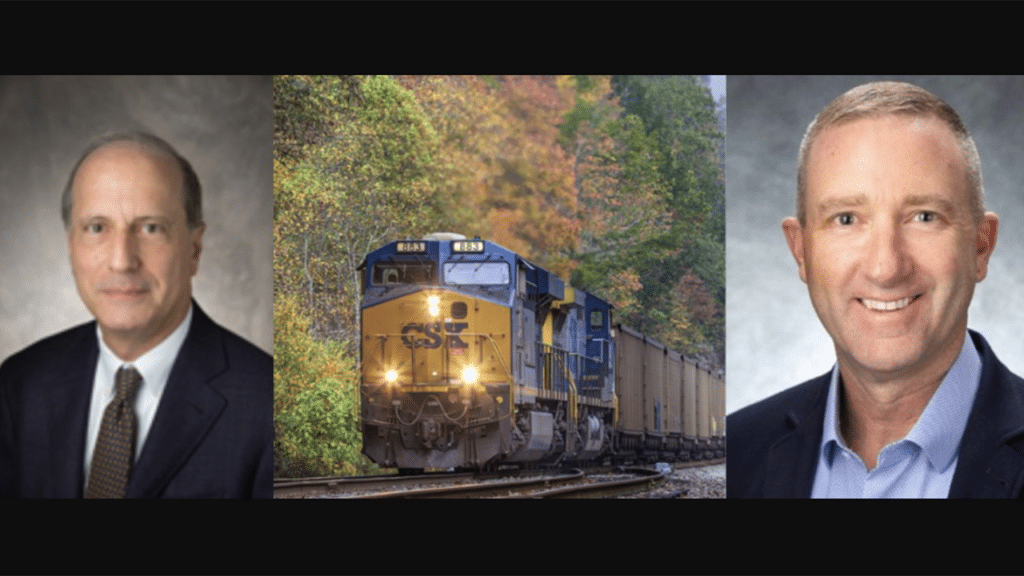 CSX’s Nathan Goldman (left) and Michael Burns. (Goldman and CSX Train Photographs Courtesy of CSX; Burns Photograph Courtesy of Burns)
